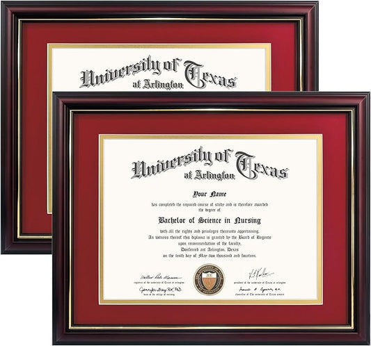 GraduationMall 8.5x11 Diploma Frame with Red over Gold Mat or Display 11x14 Certificate without Mat,Solid Wood & UV Protection Acrylic,Cherry Finish with Gold Trim,2 Pack