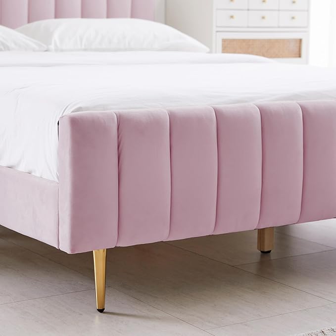 Livinia King Size Elton Velvet Platform Bed, Upholstered Bed Frame with Vertical Channel Tufted Headboard Footboard, Strong Wood Slats, No Box Spring Needed, Pink (King)