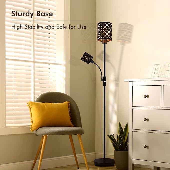Gothic Black Floor Lamp with Adjustable Reading Light, 71" LED Torchiere Standing Lamp with Gold-Lined Shade, 3-Way Switch, Bulbs Included — Moody Industrial Decor for Bedroom & Living Room