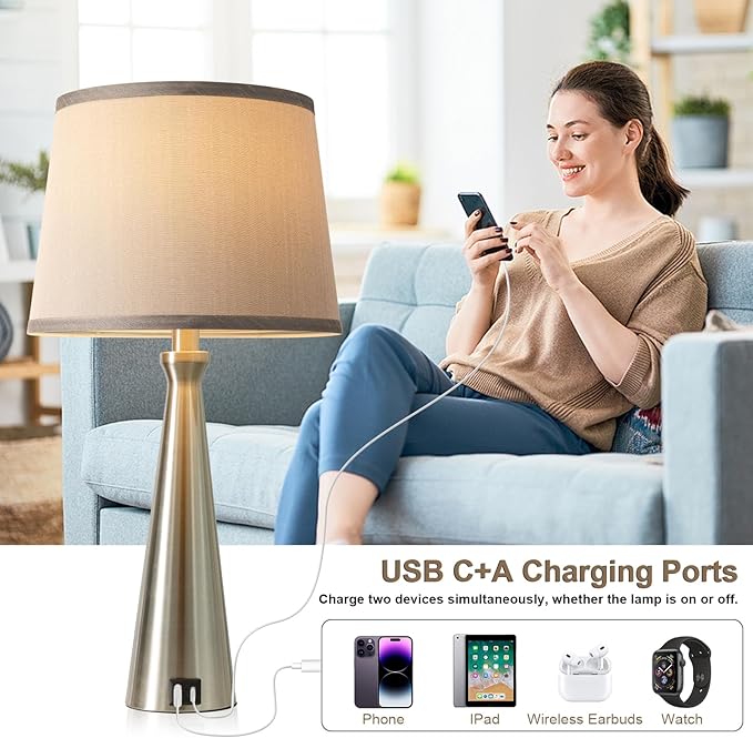 Seealle Modern Table Lamps Set of 2 - Touch Bedside Lamp for Nightstand with USB C+A,3-Way Dimmable Silver Nightstand Lamps for Living Room Bedroom End Table with Grey Shade(Bulb Included)