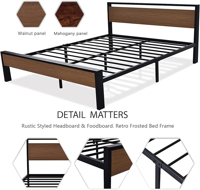 SHA CERLIN 14 Inch King Size Metal Platform Bed Frame with Wooden Headboard and Footboard, Mattress Foundation, No Box Spring Needed, Large Under Bed Storage, Walnut