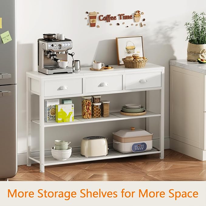 Furologee White Entryway Table, 38'' Console Sofa Table with 3 Fabric Drawers, Industrial Entry Way Table with Storage Shelves, Display Shelf for Living Room, Hallway, Entrance, Foyer