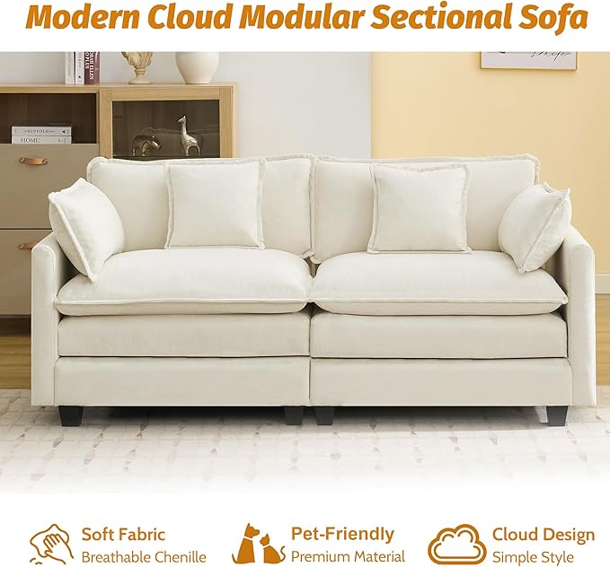 76'' Cloud Deep Seat Loveseat, Upholstered Chenille Modular 2-Seats Sectional Sofa Couch, Modern Comfy Settee Loveseat for Living Room Set, Small Apartment, Beige