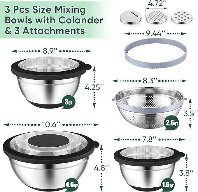 P&P CHEF Mixing Bowls with Lids Set of 3, Stainless Steel Mixing Bowl and Colander for Kitchen, 3 Grater Attachments & Non-Slip Bottoms, Visible & Airtight Lid, Black