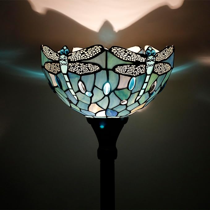 Tiffany Floor Lamp Sea Blue Torchiere Stained Glass Dragonfly Style Torch Lamp 12X12X67 Inch Antique Standing Corner Light