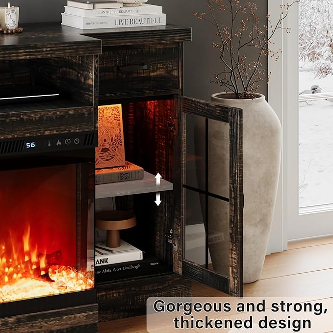 4 EVER WINNER 3-Sided Glass Fireplace TV Stand for TVs up to 80'' with 12 Color, 70" Media Entertainment Center Console Table with Doors Closed Storage,Electric tv Stands for Living Room, Rustic Oak