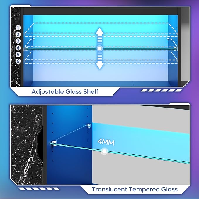 Bestier LED TV Stand for 65/70/75/80 Inch TV, 70 inch Gaming Entertainment Center with Adjustable Glass Shelves & Storage Cabinet for PS5, Xbox, Modern TV Console Table for Living Room, Black Marble