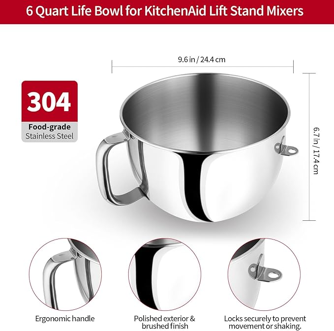 6QT Stainless Steel Mixer Bowl Compatible with Kitchenaid Stand Mixer, Kitchen Aid Mixing Replacement Bowl with Ergonomic Handle for 6QT Lift Mixer