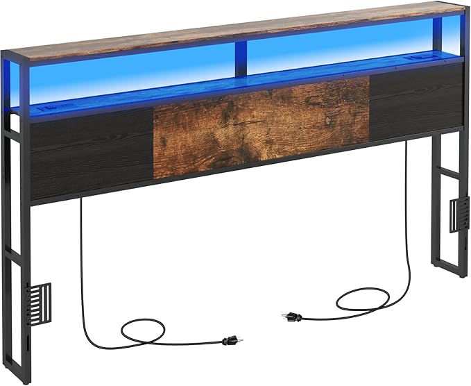 King Size Headboard, Headboards with Charging Station, USB Port and LED Light, Head Board with 2-Tier Storage Shelf, Adjustable Height, Easy Assembly, Sturdy and Stable, Rustic Brown