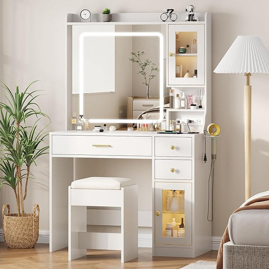 Vabches Makeup Vanity Desk with LED Mirror and Lights,Vanity Table Set with Charging Station,Dressing Table with RGB Cabinets,Bedroom Vanity for Women,Girls