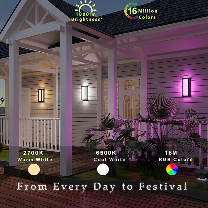 Smart Outdoor Lights Color Changing 2 Pack, RGB+2700K-6500K Outdoor Wall Sconce Aluminum Exterior Lighting Fixtures Waterproof Antirust, APP Control Up and Down Lights