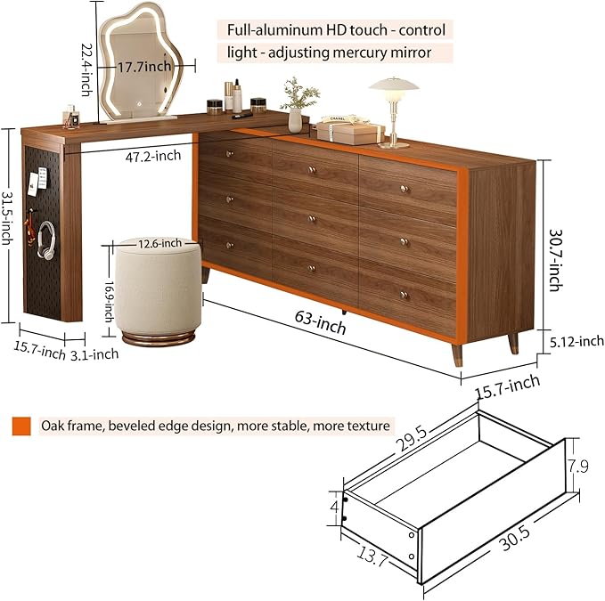 Makeup Vanity Desk Set with Cloud-Pattern HD Lighted Mirror and Stool, 70-110in Extendable Modern Vanity Table, 9-Drawer Solid Wood Frame Storage Cabinet, Bedroom Dressing Table, Brown