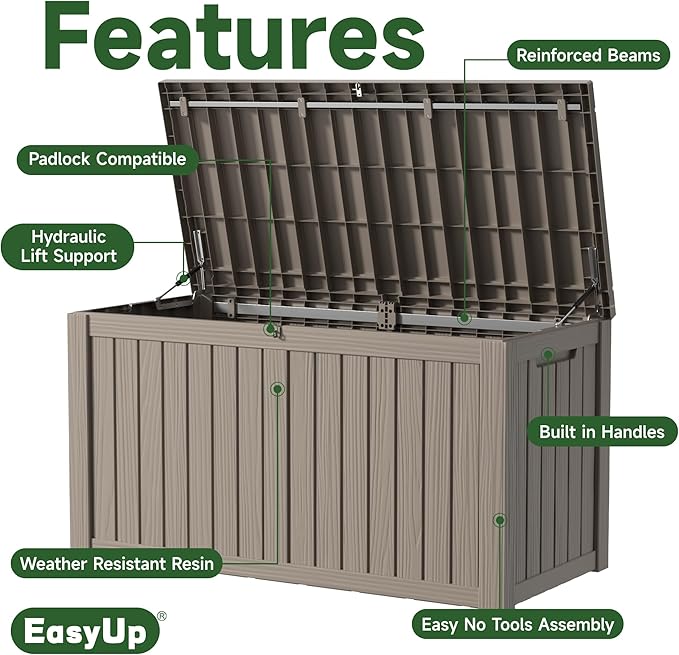 150 Gallon Outdoor Storage Box, Resin Waterproof UV-Resistant Deck Box with Hydraulic Lid Support, Reinforced Stability for Patio, Garden, and Poolside, Striped Gray