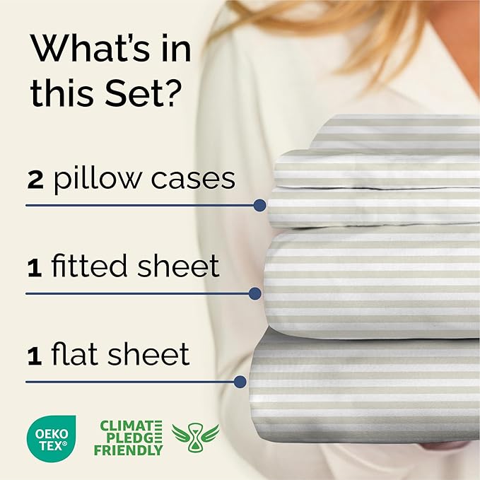 Striped Sheets - Grey Striped Sheets - 1 Flat & 1 Fitted & 2 Pillowcases w/ Deep Pockets – Wrinkle & Fade Free - Ultra-Soft, Breathable and Cooling – Luxury Pinstripe Bedding - Cal King Size Bed Set