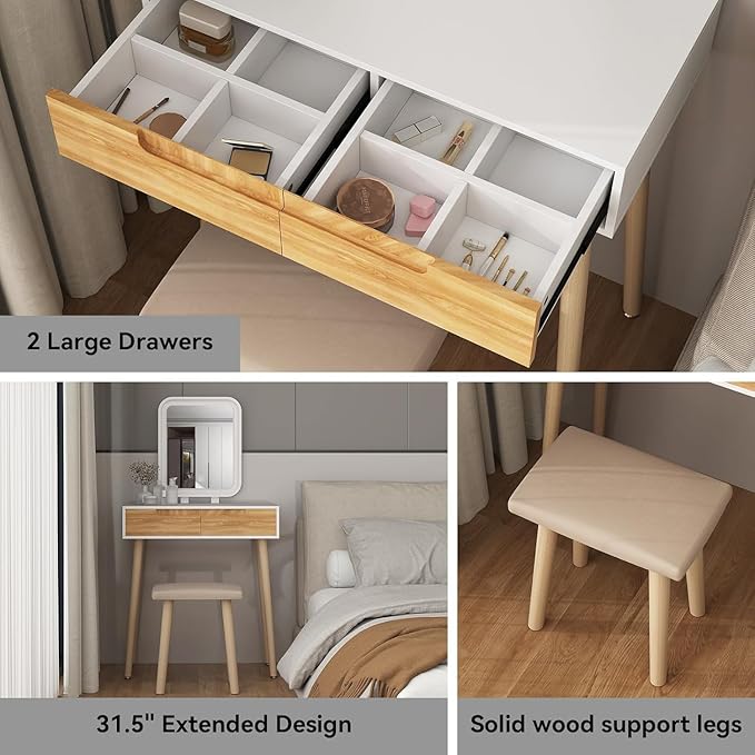 YOURLITE Makeup Vanity Desk with Lights, Small Vanity with Adjustable Brightness Mirror for Small Spaces, Vanity Desk with Drawers 27.5", Square Mirror Wood
