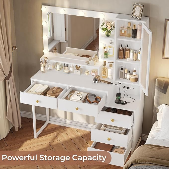 Tiptiper Makeup Vanity Desk with Mirror and Lights & Charging Station, White Vanity Table with 5 Storage Drawer & Glass Door & 3 Shelves for Bedroom, Modern White