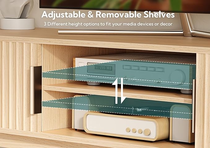 Claiks Mid-Century Modern TV Stand for 65 inch TV, Wood Fluted TV Stand with Storage and Adjustable Shelves, Low Profile TV Console for Living Room, Oak