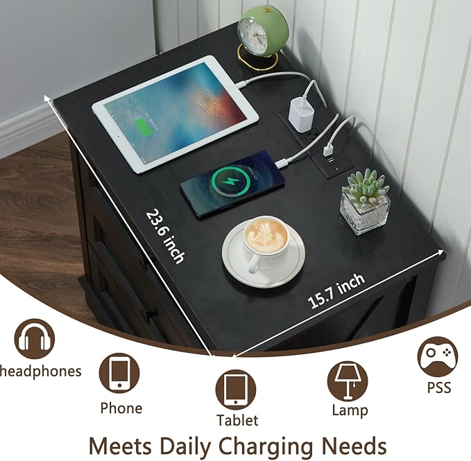 Farmhouse 3 Drawers Dresser for Bedroom, Rustic Small Chest of Drawers with Charging Station, Wood Closet Organizers, Black Modern Tall Nightstand/End Table for Bedroom, Living Room, Entryway