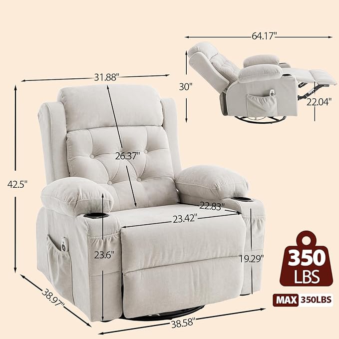 Overstuffed Rocker Recliner Chair with Massage and Heat, Mid Century Ergonomic Rocking Swivel Recliners Lounge Chair for Living Room, Manual Recliner Sofa Chairs with 2 Cup Holders, USB