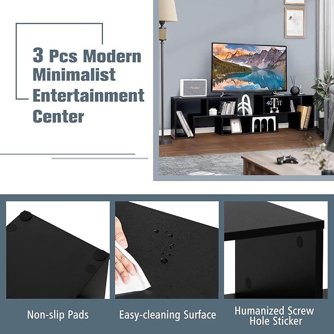 KOTEK TV Stand for 50 55 60 65 Inch TV, 3 Pieces Free Combination Bookshelf Organizer, TV Console Table with Open Storage Shelves, Modern Entertainment Center for Living Room, Bedroom