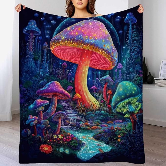 Mushroom Blanket, Mushroom Gifts for Women Men, Hippie Cottage Core Home Decor, Lightweight Fleece for Adults Teens, 50x60 Inches, 310 GSM, Plush No Pilling, Single Sided Printed