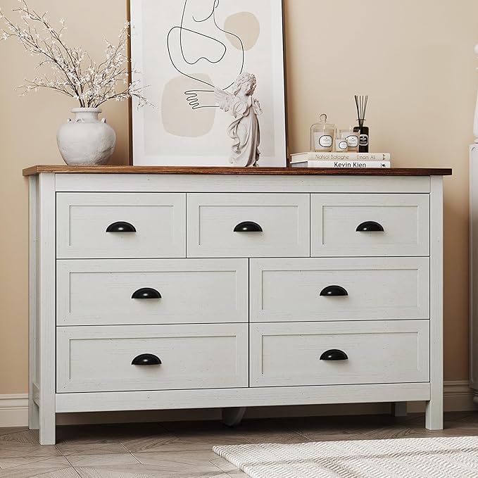 Farmhouse White Dresser for Bedroom, Wide Wood Dressers & Chests of Drawers with Vintage Black Handle, 7 Drawer Dresser for Bedroom Hallway, Entryway, Antique White