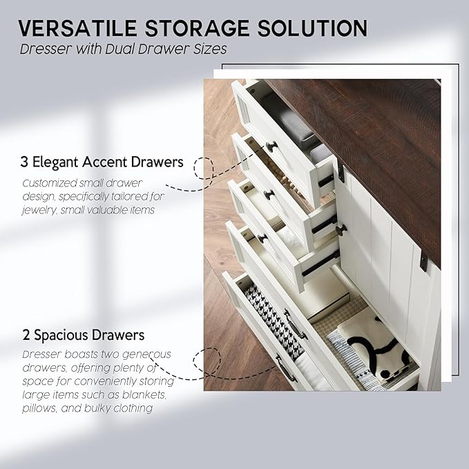 Farmhouse 5 Drawers Dresser for Bedroom, 47" Tall Chest of Drawers w/Sliding Barn Door, Rustic Wood Dressers Organizer w/Adjustable Shelves for Bedroom, Living Room, Kitchen-Antique White