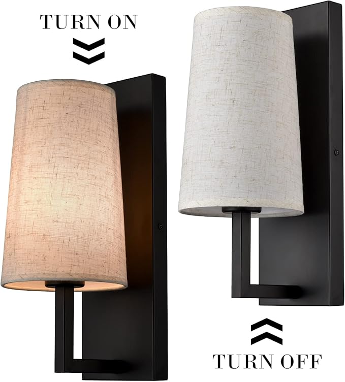 Farmhouse Black Wall Sconces Set of Two Modern Matte Black Wall Lamp with Fabric Shade for Bedroom Hallway Living Room