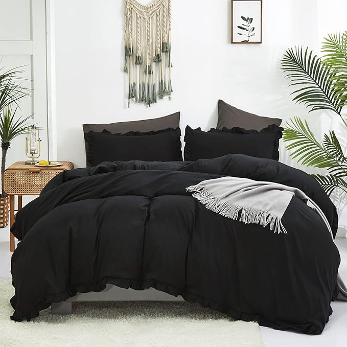 Luxlovery Black Ruffle Comforter Champagne Farmhouse Bedding - California King - Shabby Boho Taupe Blanket Quilts - All Black Color Bohemian Comforter Set