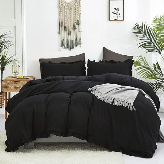 Luxlovery Black Ruffle Comforter Champagne Farmhouse Bedding - California King - Shabby Boho Taupe Blanket Quilts - All Black Color Bohemian Comforter Set