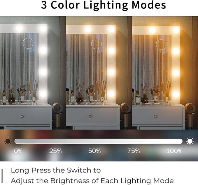 11 Drawers Vanity Desk, 55'' W Makeup Vanity with Power Outlet, Vanity Table with Mirror and 13 LED Bulbs, 3 Color Lighting Modes, Glass Top, Dressing Table for Bedroom