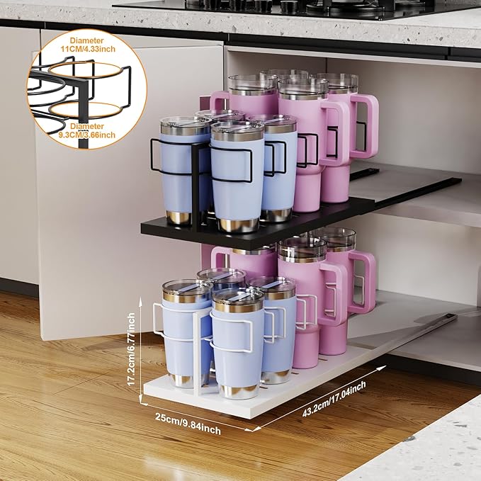 Pull Out Stanley Cup 0rganizer, Tumbler Organizer for Cabinets, Stainless Steel Water Bottle Organizer for 16 to 40oz Cup, White
