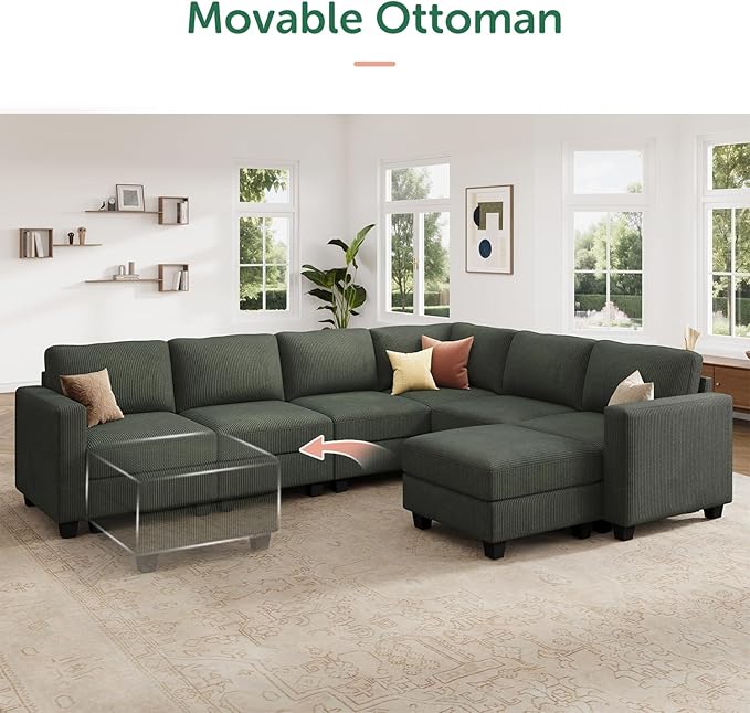 HONBAY Corduroy Sectional Couch with Storage U Shaped Sectional Sofa Modular Sectional Couches for Living Room, Green