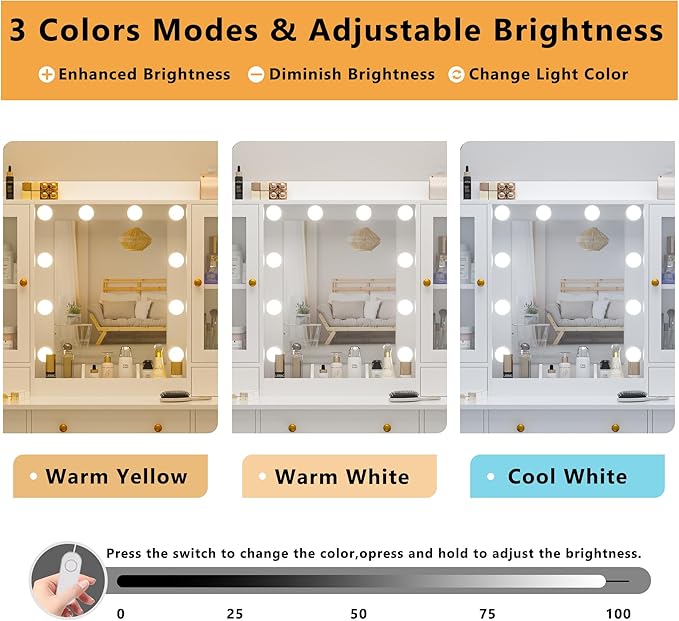 Vanity Desk with Mirror and Lights, 43" White Makeup Vanity Set with 5 Drawers & Glass Cabinets, Storage Stool, Power Outlet & Adjustable LED Lights, Dressing Table for Women & Girls Bedroom