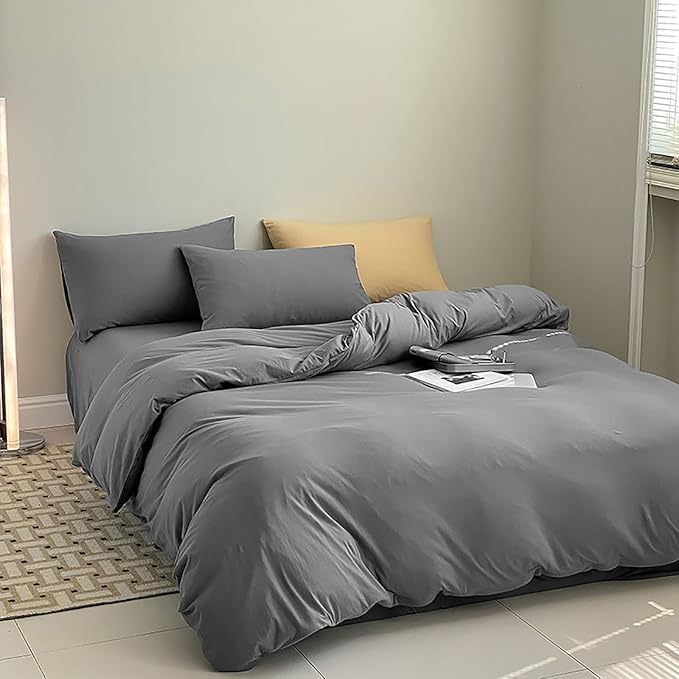 Grey Comforter Set King Men Dark Gray Bedding Comforter Set King Size Solid 3Pcs Bed Set Modern Cozy Breathable Gray Bedding Comforter Sets for Women Men