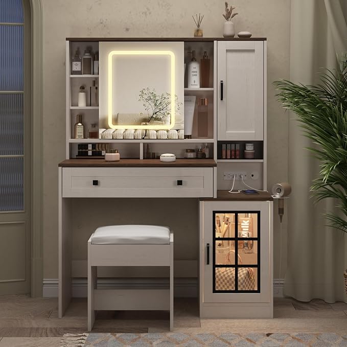 Vabches Makeup Vanity Desk with Sliding Mirror, 41.8'' White Farmhouse Vanity Table with Stool, Jewelry Cabinet & Charging Station, Large Drawer, Visual Cabinet, 3 Lighting Modes, Adjustable Shelves