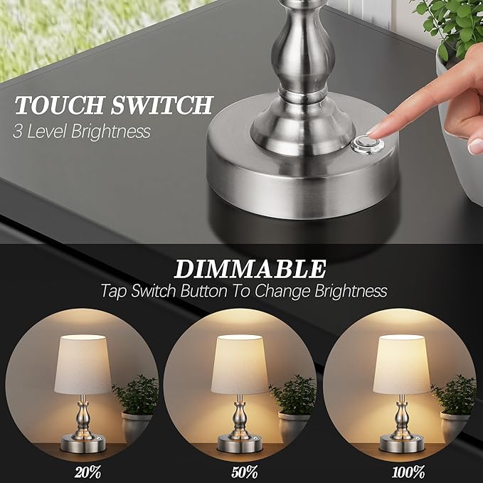 PARTPHONER Mini Cordless LED Table Lamp, 5200mAh Rechargeable Battery Operated Lamp, 3-Level Brightness, Touch Dimmable Desk Lamp, Bedside Night Light for Patio Camping Restaurant Home, Brushed Nickel