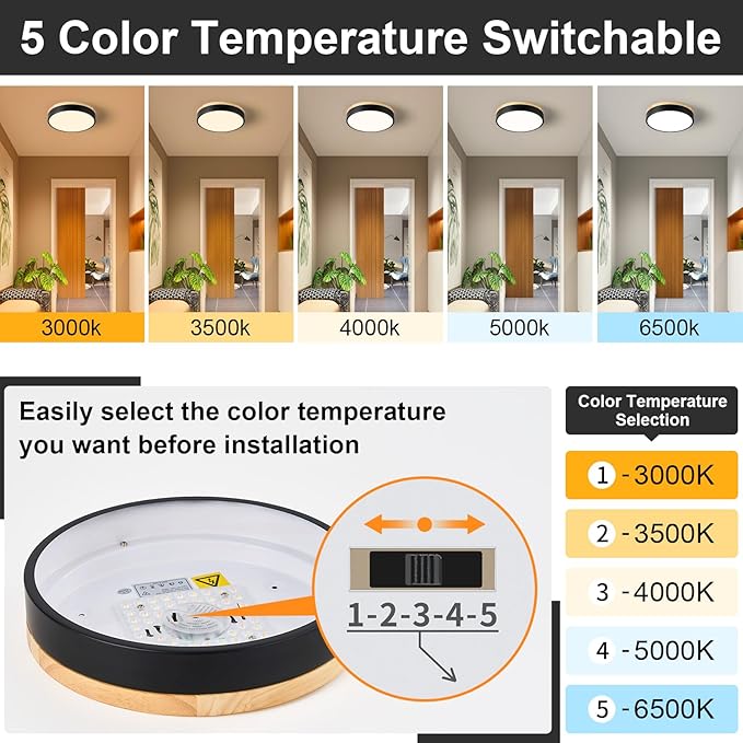 Dimmable Wood LED Ceiling Light Fixture, Black Round Low Profile Flush Mount Ceiling Lighting, Modern 5CCT 2700K-6000K Ceiling Lamp for Laundry Room Hallway Kitchen Bedroom, 11.8in