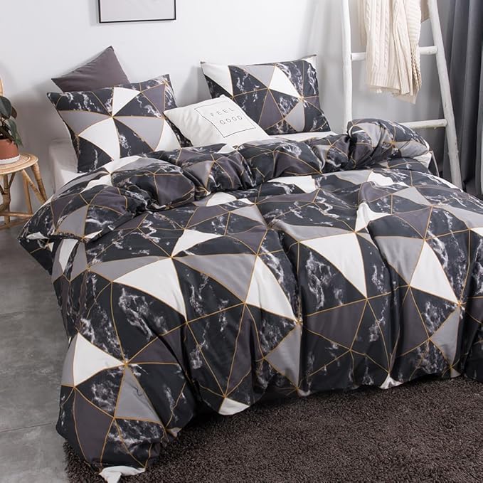 CLOTHKNOW Black White Marble King Size Comforter Set 3Pcs Triangle Plaid Bedding Comforter Set All Season Geometric Comforter with 2 Pillowcases