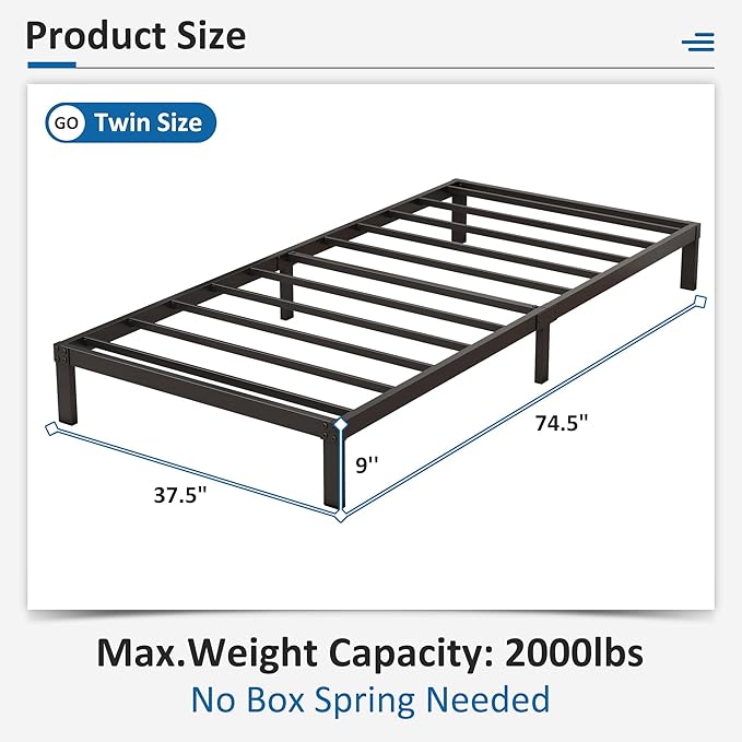 9 Inch Low Twin Bed Frames Heavy Duty Metal Platform, No Box Spring Needed, Easy Assembly Mattress Foundation, No Noise, Black