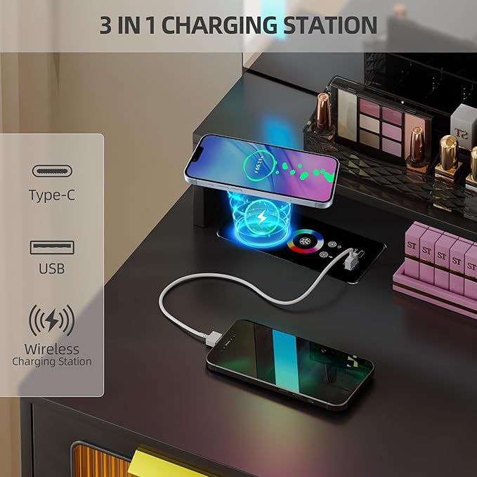 LED Make Up Vanity Desk with 20" Mirror and Light, Smart Dressing Table with 6 Drawers, 3 Shelves, 24 Color Lighting Modes, Cushioned Stool, USB Type-C Storage for Bedroom Dressing Room Black