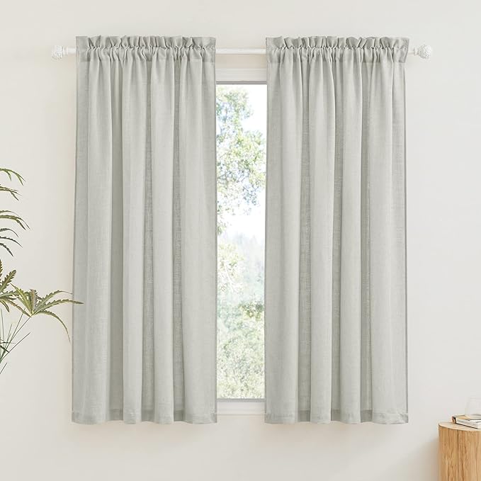 RYB HOME Privacy Sheer Curtains - Dual Rod Pocket Semi Sheer Drapes for Living Room, Linen Semi-Translucent Curtains for Bedroom, Grey, 52 Wide x 63 inches Long, 1 Pair