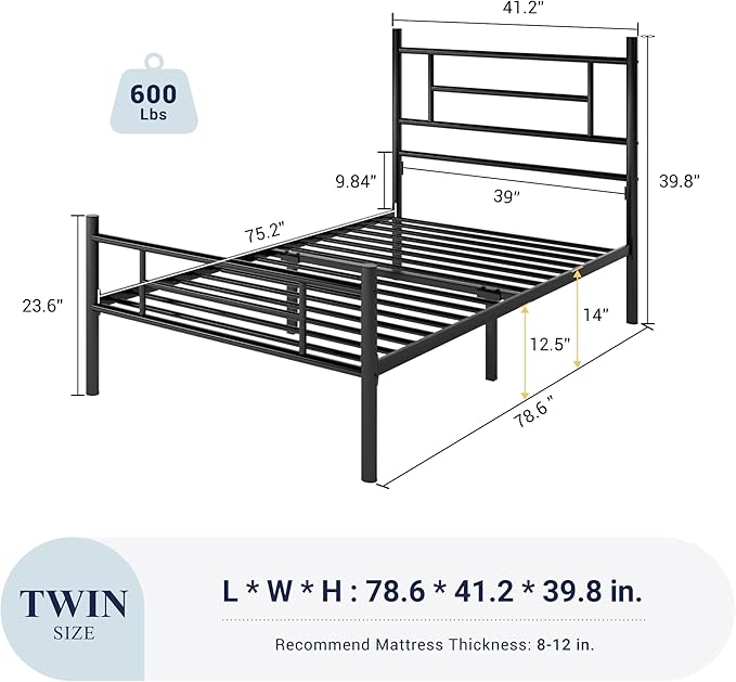 Allewie 14 Inch Twin Size Metal Platform Bed Frame with Headboard and Footboard, Underbed Storage, Strong Metal Slats Support, Mattress Foundation, No Box Spring Needed, Easy Assembly, Black
