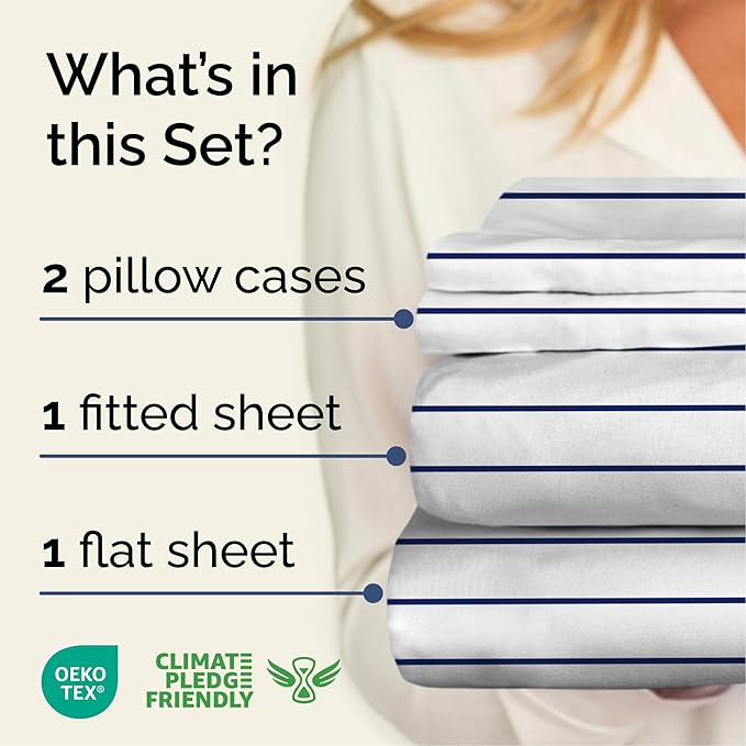 Striped Sheets - Navy Blue & White Striped Sheets - 1 Flat & 1 Fitted & 2 Pillowcases w/ Deep Pockets – Wrinkle & Fade Free - Soft, Breathable & Cooling – Luxury Pinstripe Bedding - Full Size Bed Set