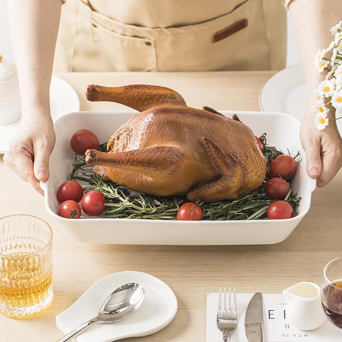 2 QT Small Ceramic Baking Dish, White Casserole Dish with Roasting Racks, Lasagna Pan for Oven, Ceramic Baking Pan, Kitchen Decor, Microwave Oven Safe, Dinner, Wedding（7.6" x 12.3"）