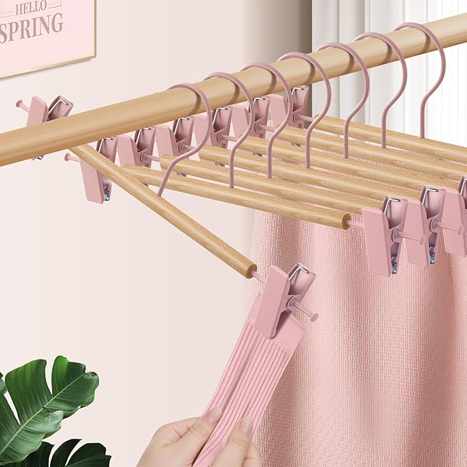 Wooden Pants Hangers with Clips 20 Pack Adjustable Wood Skirt Hangers for Women&Men Space Saving Closet Non Slip Clothes Hanger for Jeans,Trousers,Short,12Inch Pink