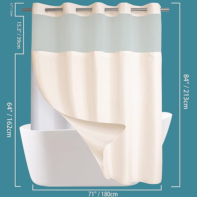 Extra Long No Hook Shower Curtain with Snap in Liner Set, Hotel Luxury Beige Fabric Shower Curtains for Bathroom with See Through Top Window, Washable, Waterproof 71W x 84H