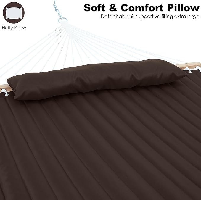 2 Person 12FT Hammocks for Outside, Double Quilted Fabric Outdoor Hammock with Spreader Bar, Large Removable Pillow, Storage Pockets, Carabiners, Max 475 lbs Capacity (Coffee)