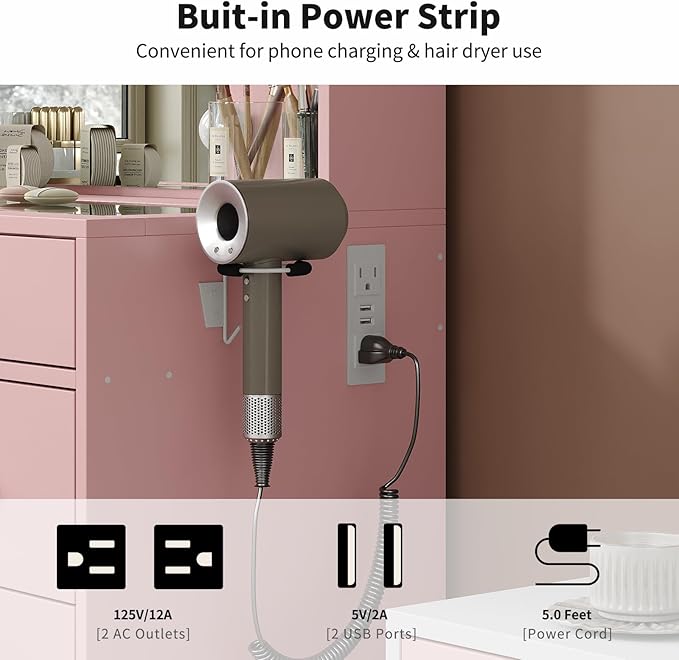 9 Drawers Vanity Desk & Power Outlet, Makeup Vanity with Mirror and 10 LED Lights, 3 Lighting Modes Brightness Adjustable, Makeup Table with 4 Shelves and Fold-up Panel, Vanity Set for Bedroom, Pink