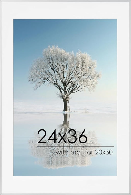 24x36 Metal Picture Frame For Wall With Mat For 20x30, 24''x36'' Aluminum Photo Frames With Tempered Glass For Home Decor, Minimalist Modern Poster Frame Horizontal And Vertical Formats, Silver